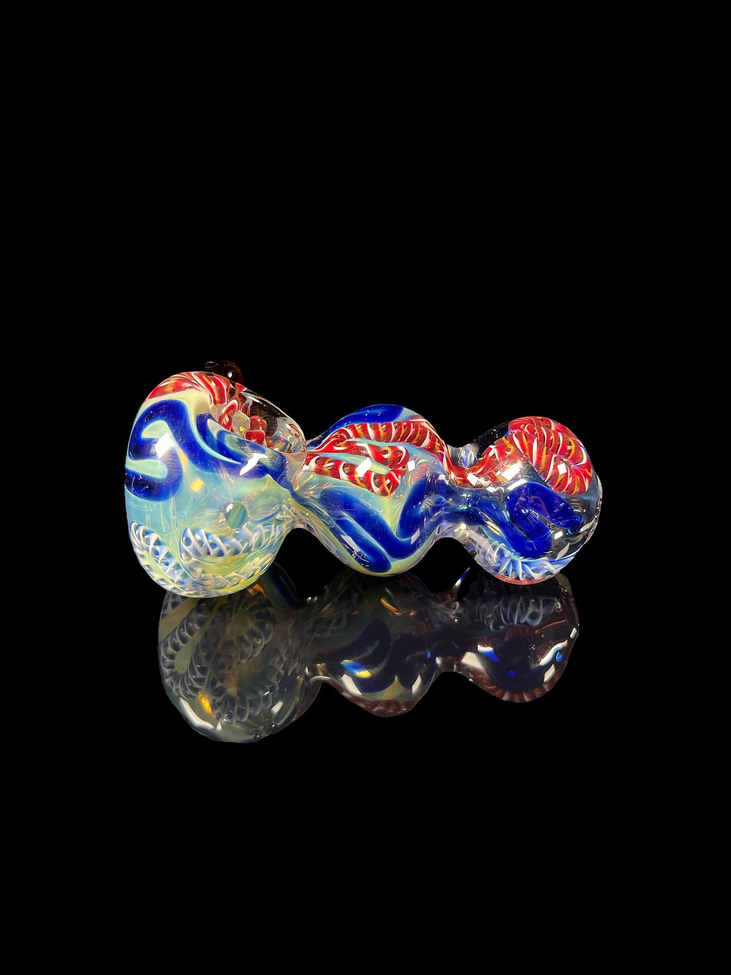 Heavy Glass Hand Pipe Silvered Fumed with Lustrous Blue and Fiery Red Coral Tech